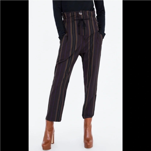 Zara Paper Bag Waist Pants Striped M - Picture 5 of 12